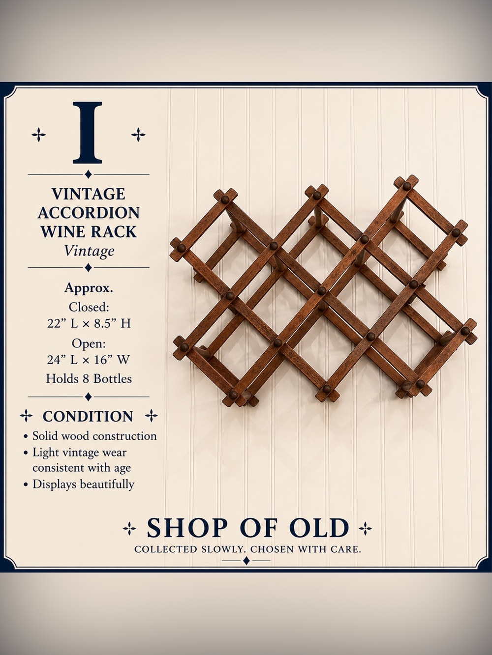 Vintage Accordion Wine Rack | Solid Wood | Holds 8 Bottles